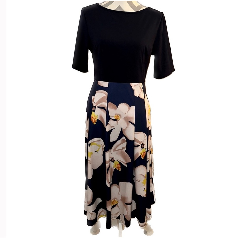 Beautiful navy blue dress with floral skirt and orange sash tie back zip large - Picture 3 of 13